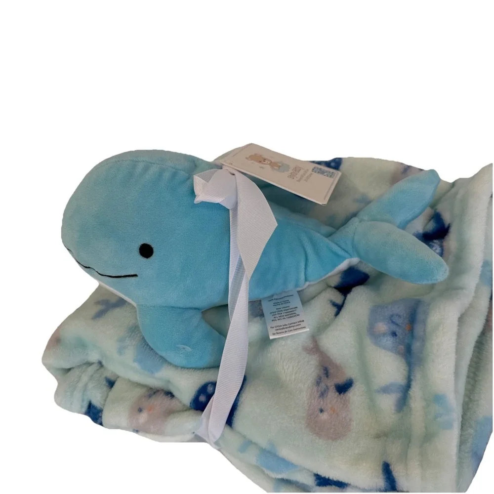 Stylish Baby Shark Plush Toy Blanket Set Boys Blue Ocean Sea Life Fleece NWT